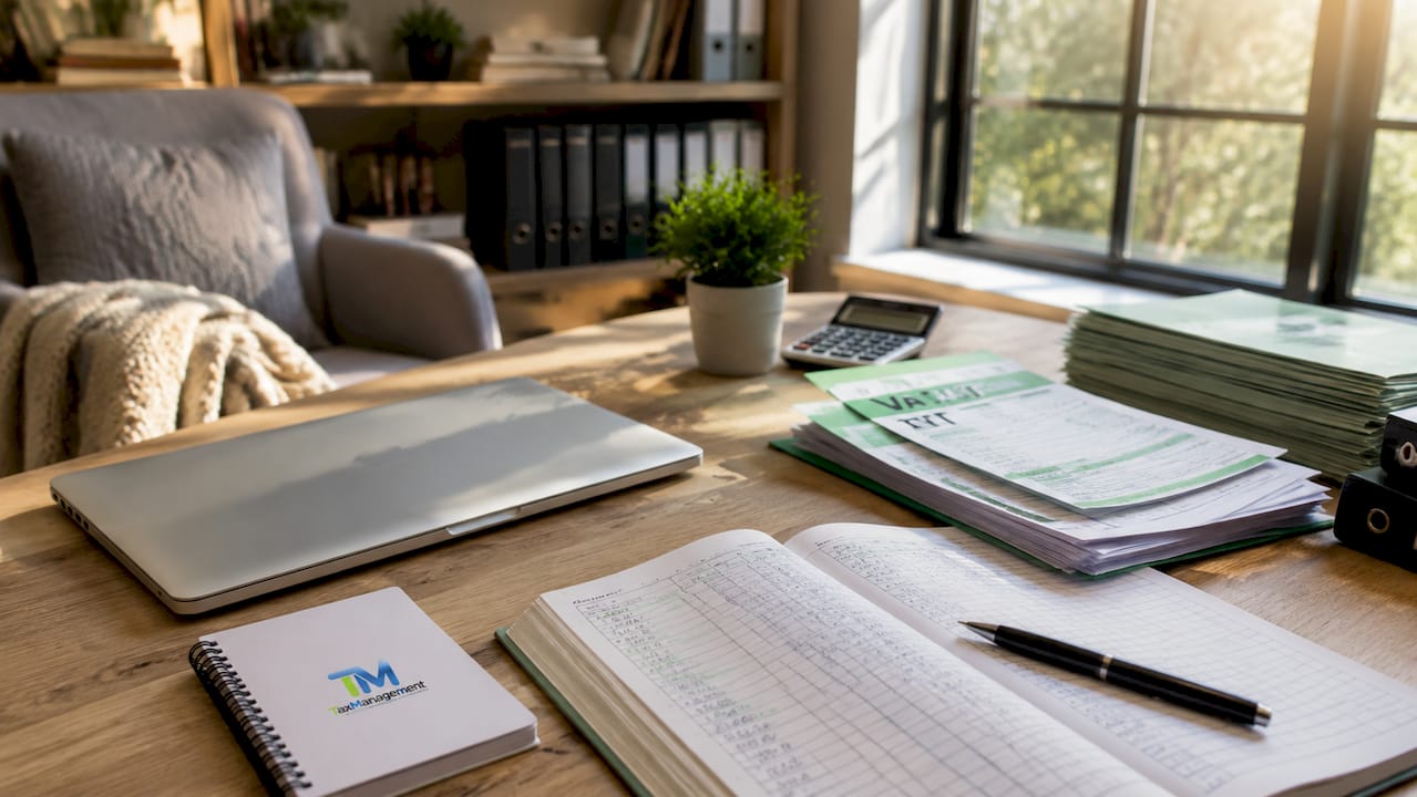 Over-the-shoulder view of VAT return paperwork on desk