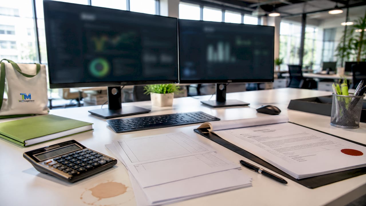 Dual monitors with accounting dashboards and documents