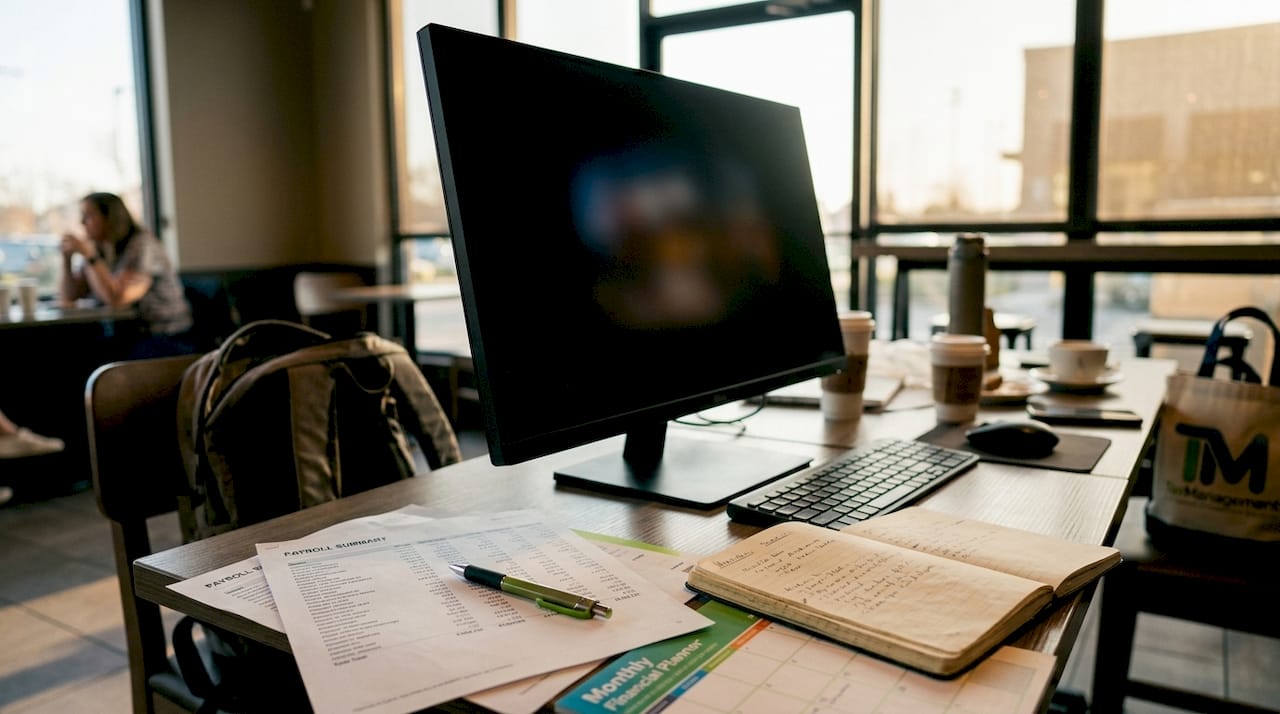 Payroll software setup with printed reports close-up