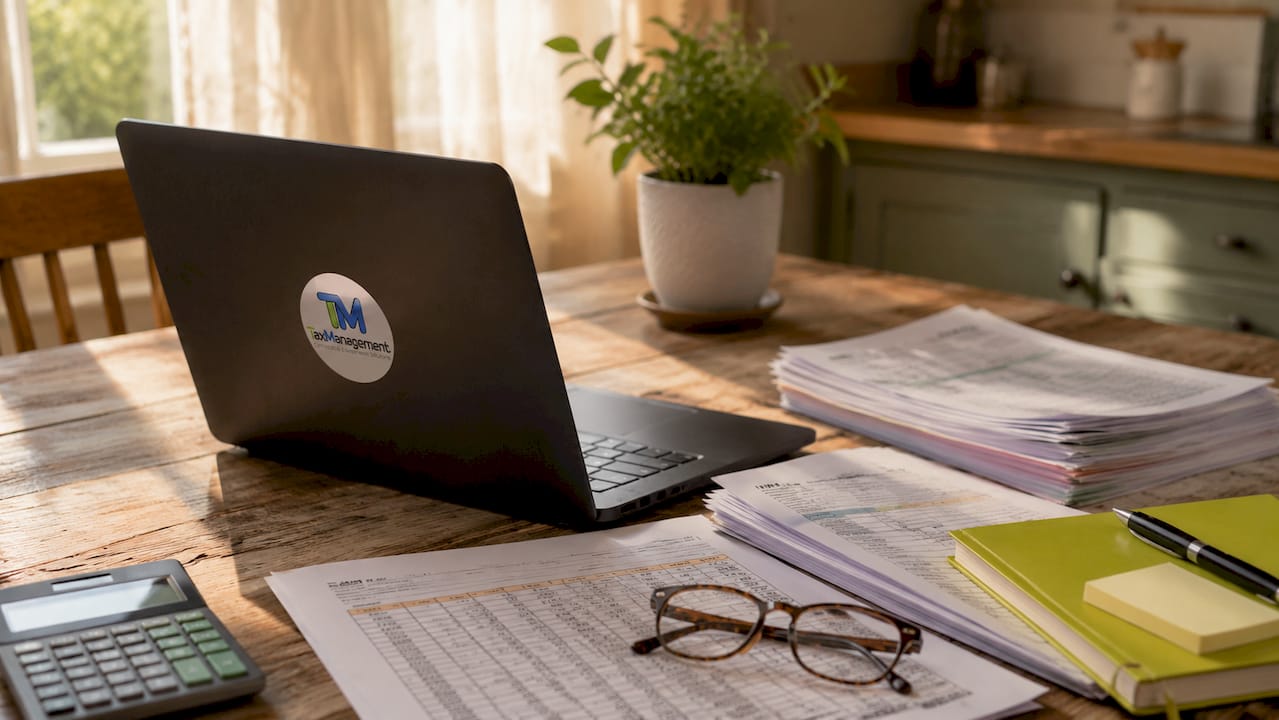 Corporate tax documents and laptop on table