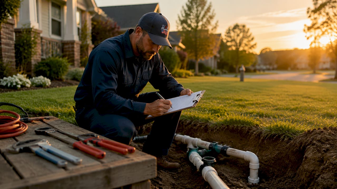 Plumber inspecting underground pipe with checklist outdoors