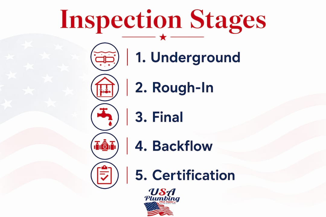 Infographic showing five key plumbing inspection stages in order