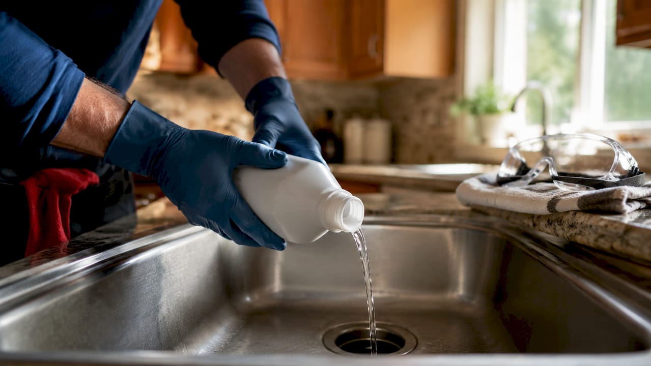 Gloved hands using chemical drain cleaner in sink