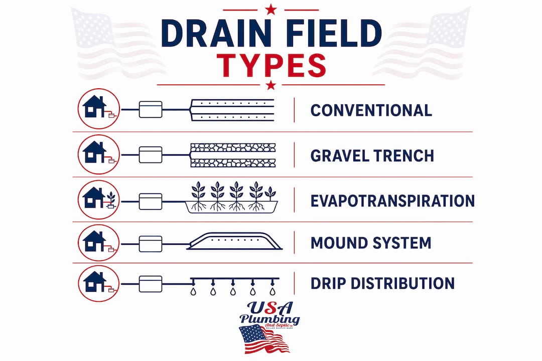 Infographic illustrating common drain field system types