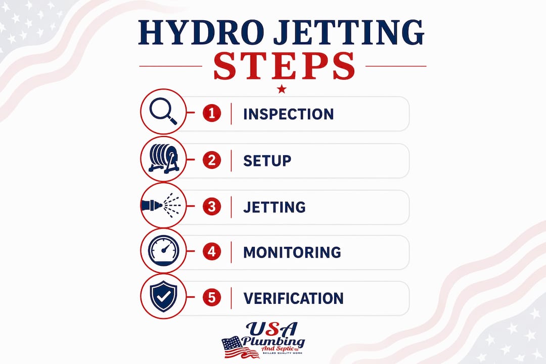 Infographic illustrating hydro jetting process steps