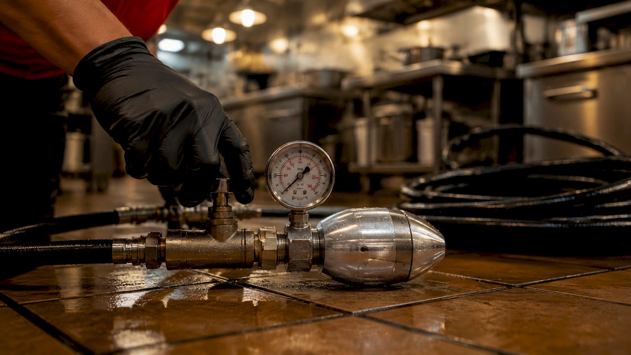 Close-up of hydro jetting equipment pressure gauge