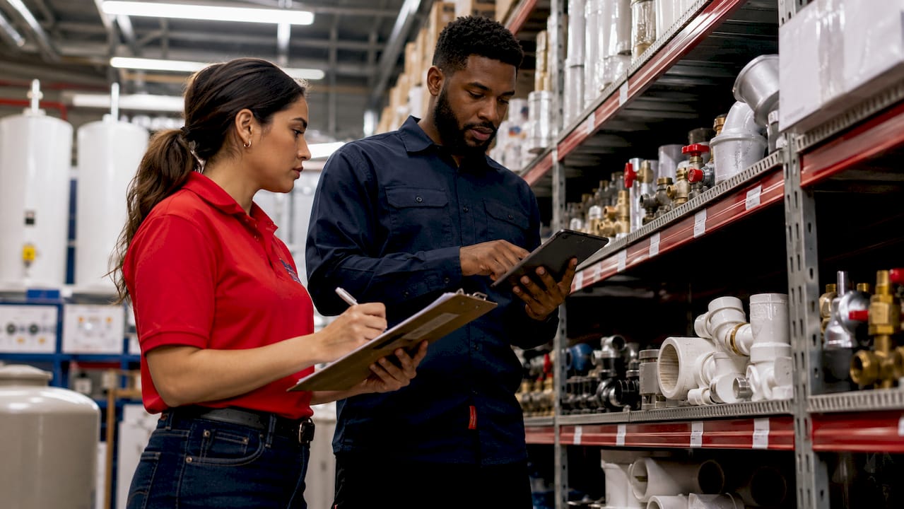 Hands cataloging plumbing components on clipboard and tablet