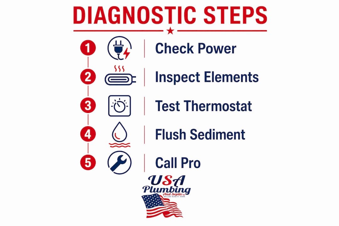 Infographic showing water heater diagnostic steps