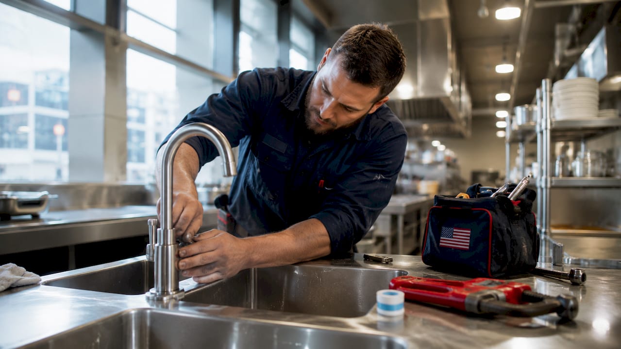 Hands installing commercial kitchen sink faucet