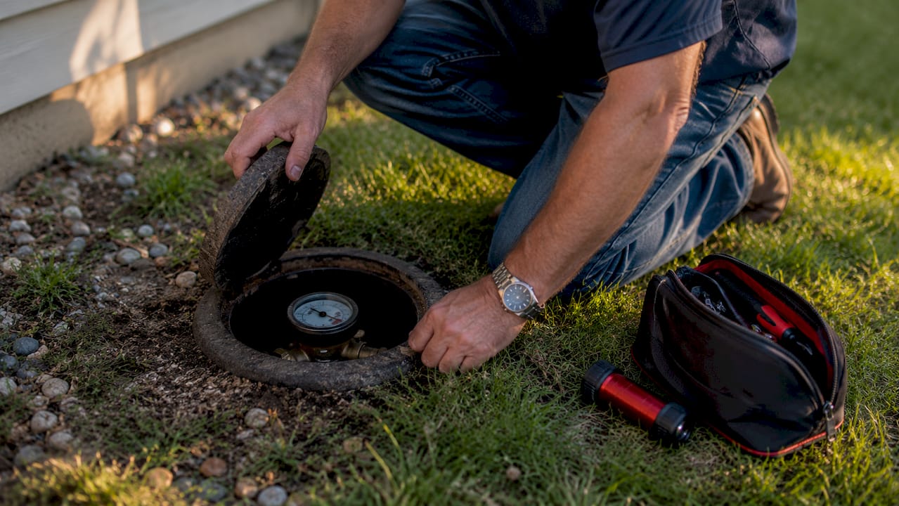 Homeowner checking water meter for leaks outdoors