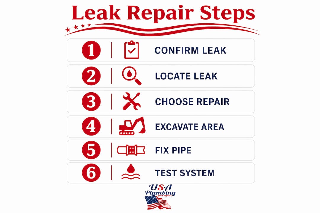 Infographic showing step-by-step underground leak repair process