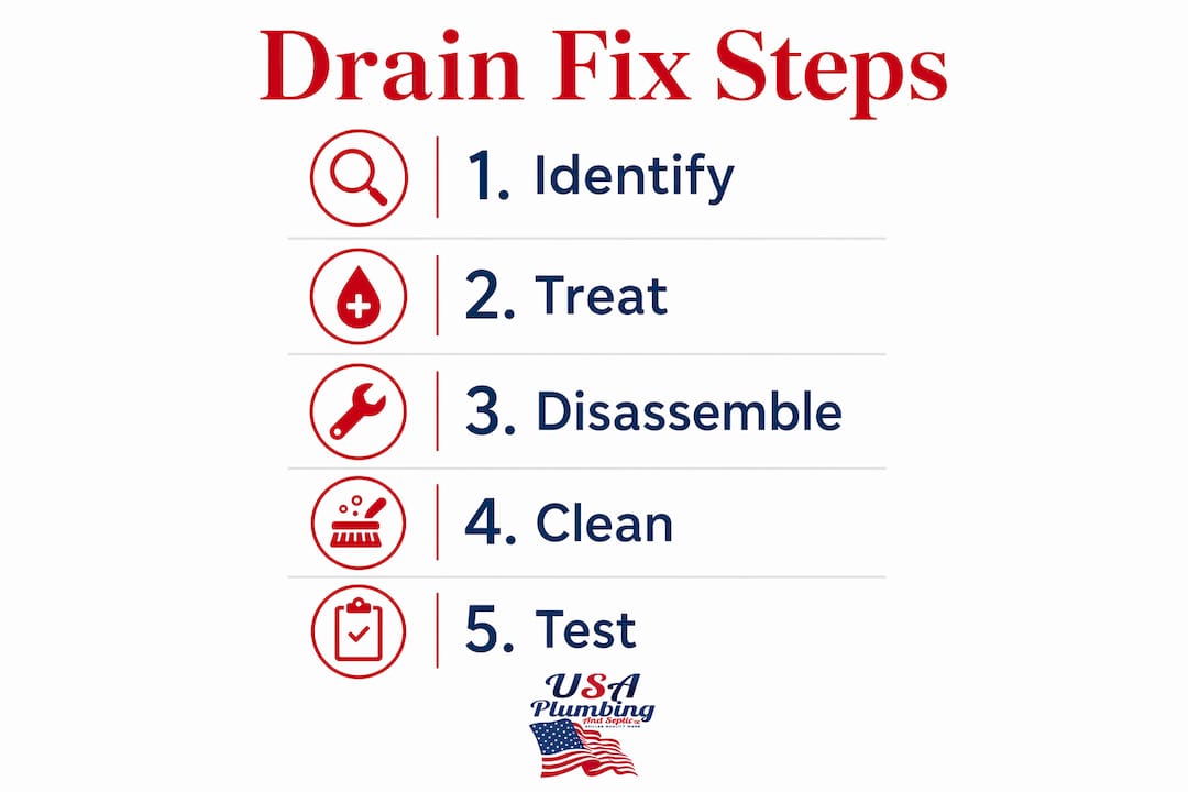 Infographic showing steps to fix slow bathroom drains