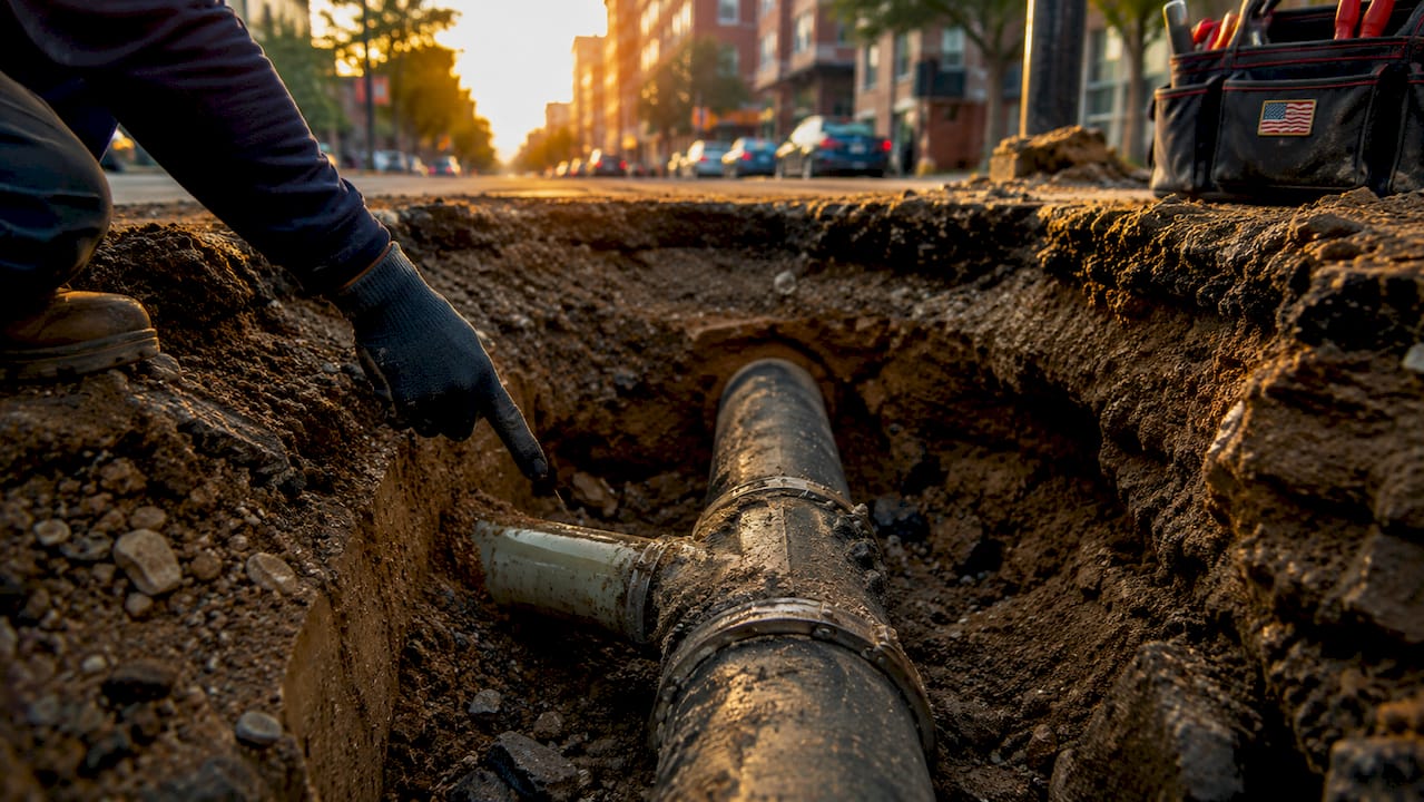 Close-up of sewer pipe junction underground