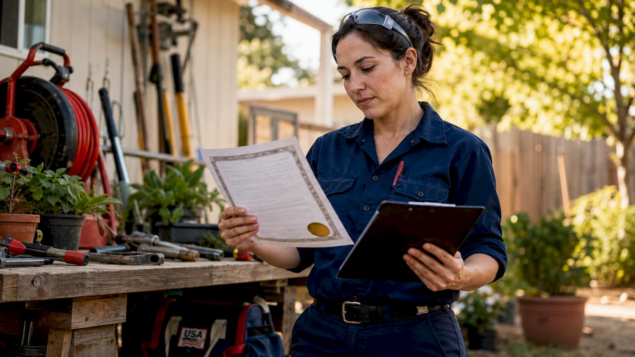 Female plumber reviewing insurance document in workspace
