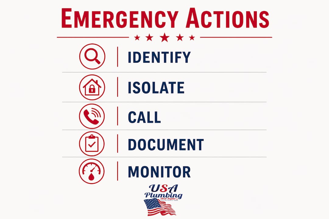 Vertical flow infographic illustrating emergency plumbing steps