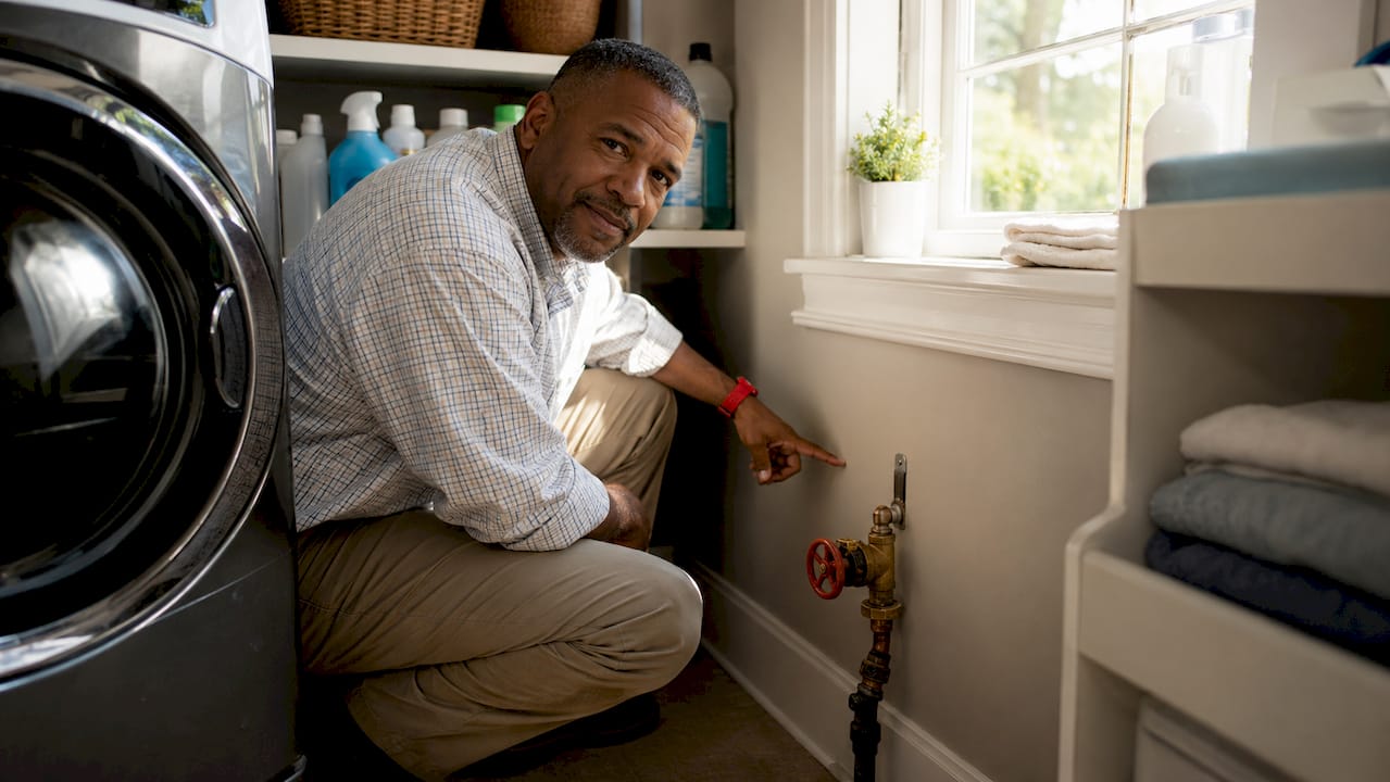 Man pointing to main water shutoff valve in basement
