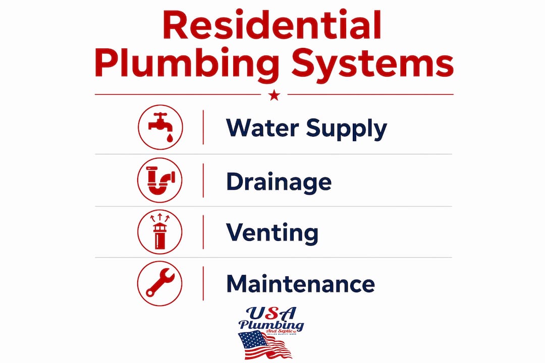 Infographic showing four key plumbing subsystems and maintenance steps