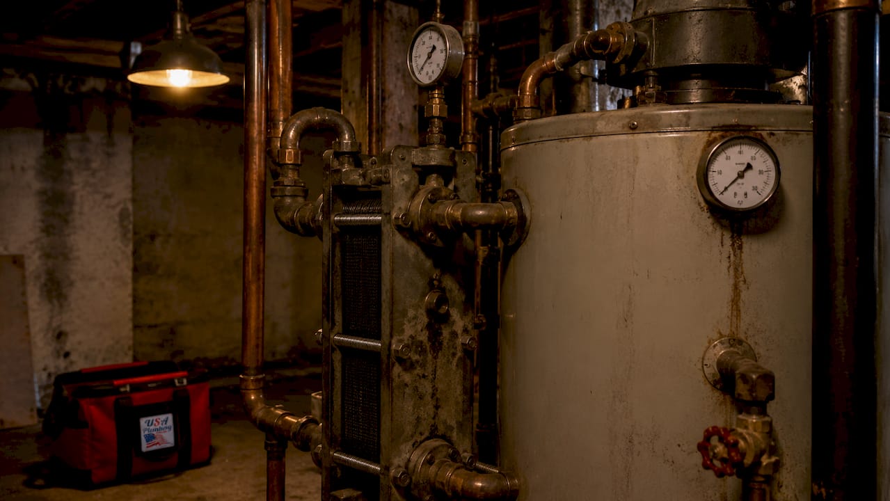 Commercial water heater heat exchanger equipment close-up