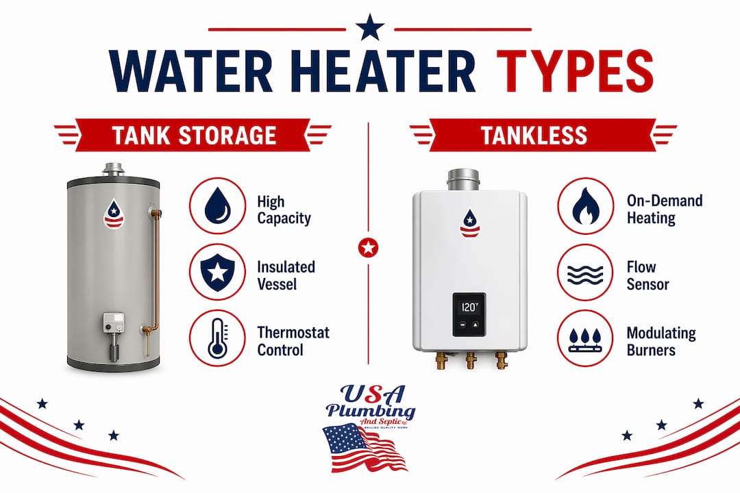 Infographic comparing tank storage and tankless water heaters