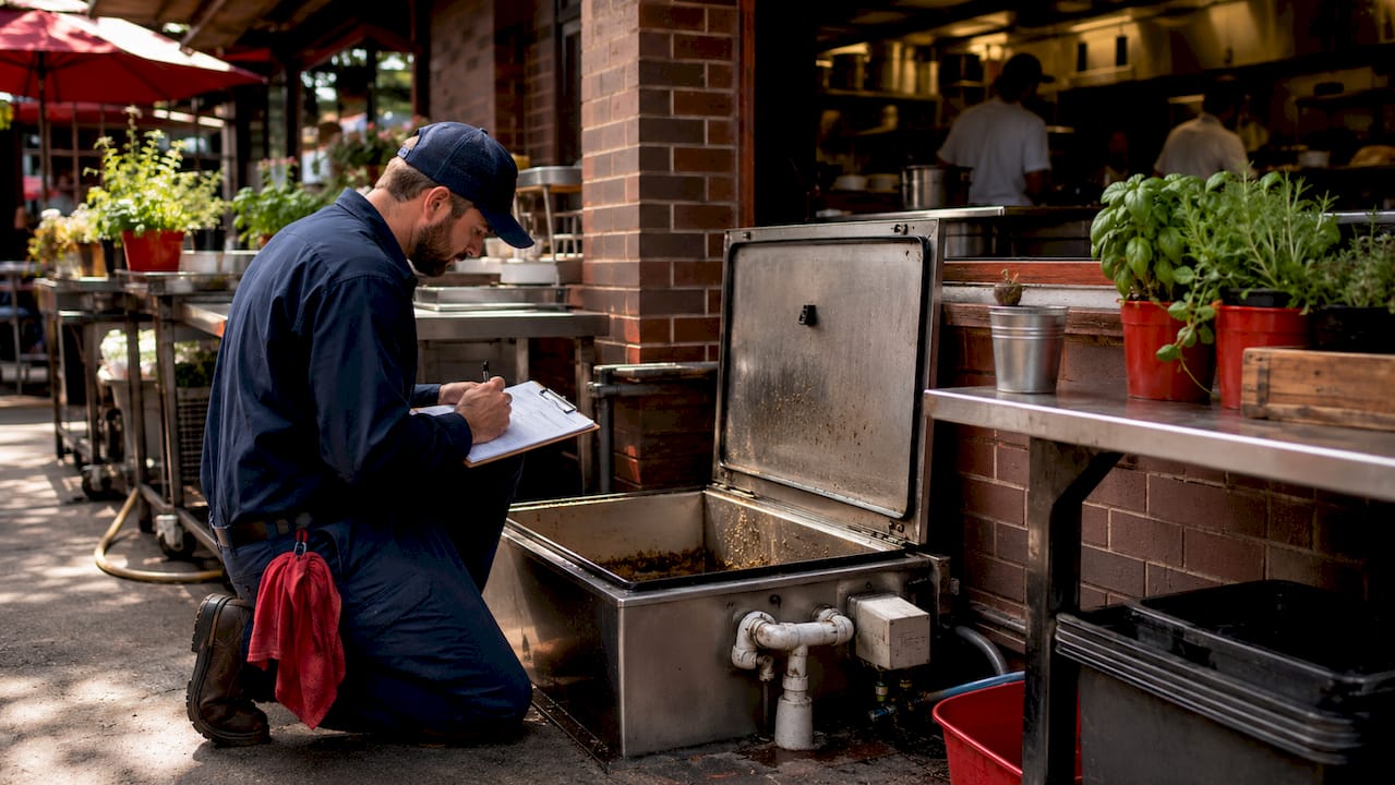 Technician inspecting grease interceptor in commercial kitchen
