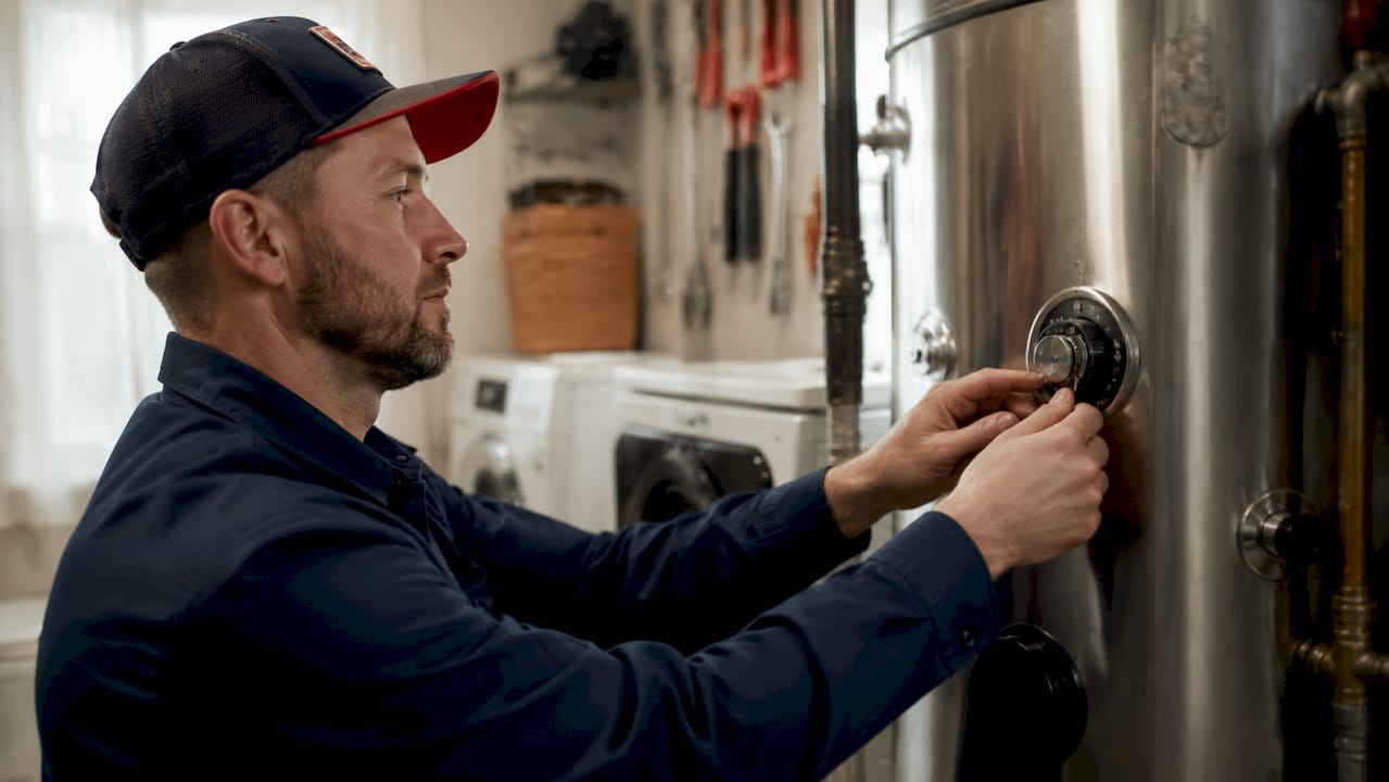 Technician adjusting aquastat temperature dial
