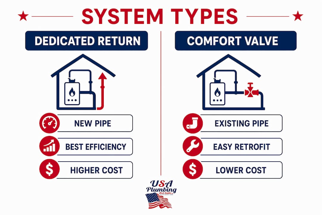 Infographic comparing types of hot water recirculation systems