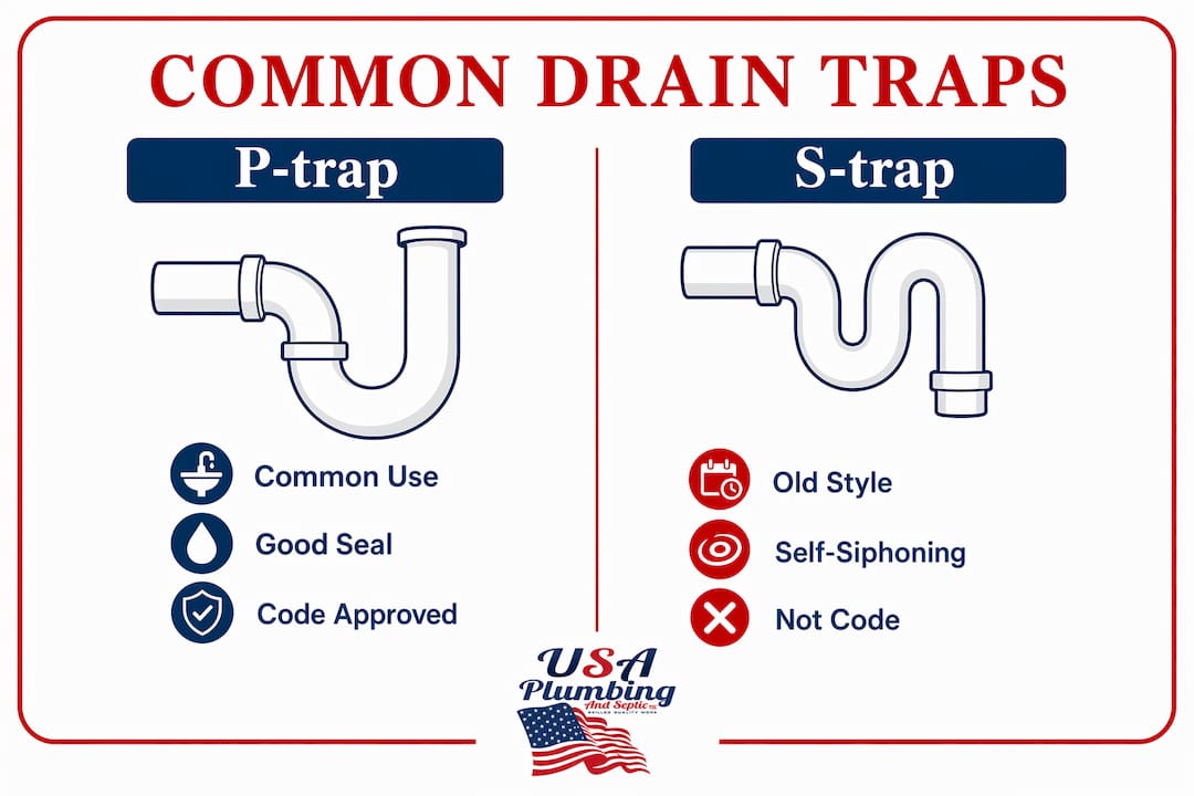 Infographic comparing common drain trap types
