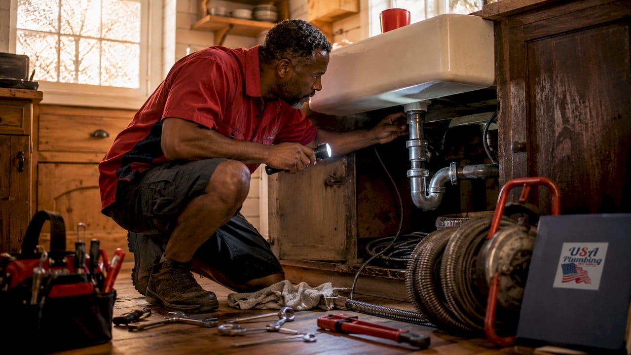 Plumber inspecting open drain pipe