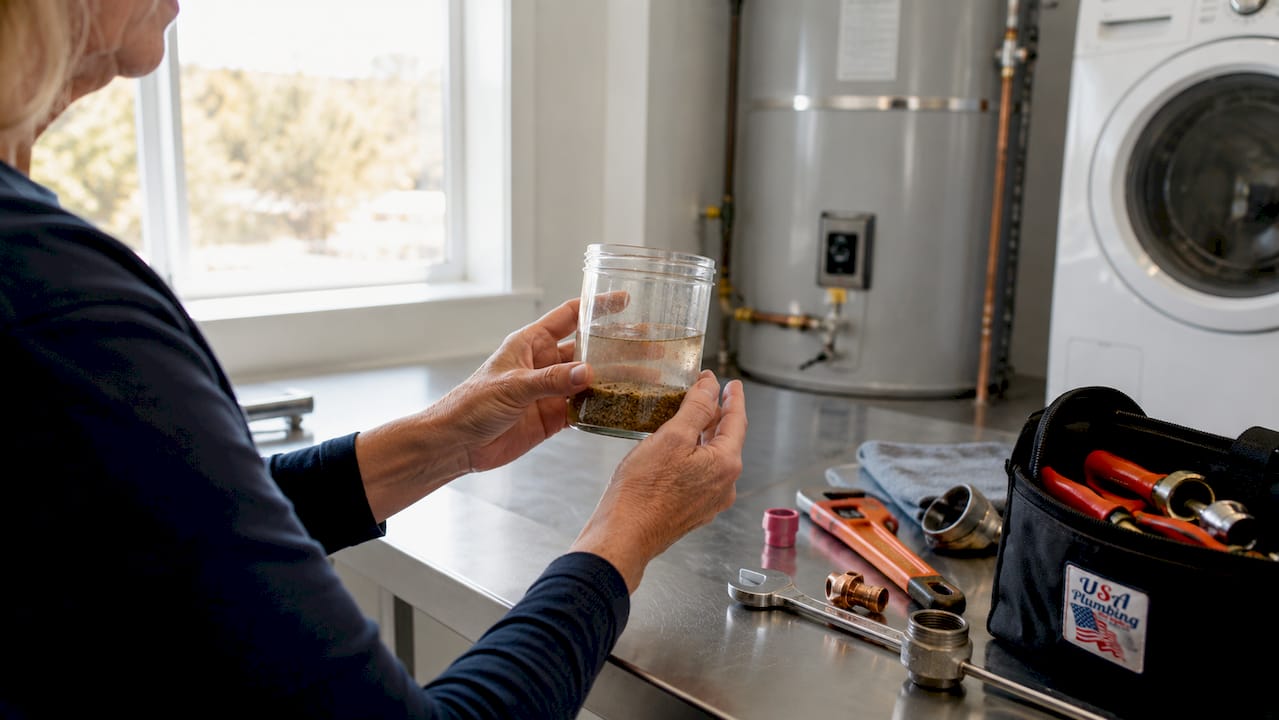 Hands holding sediment from water heater