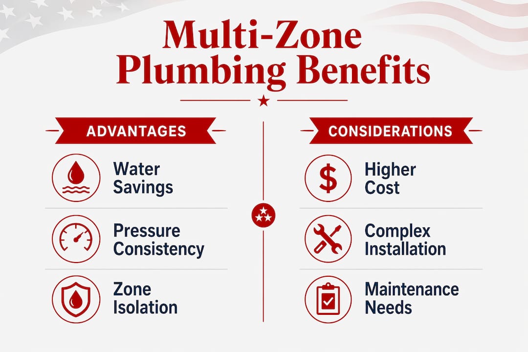 Infographic comparing pros and cons of multi-zone plumbing