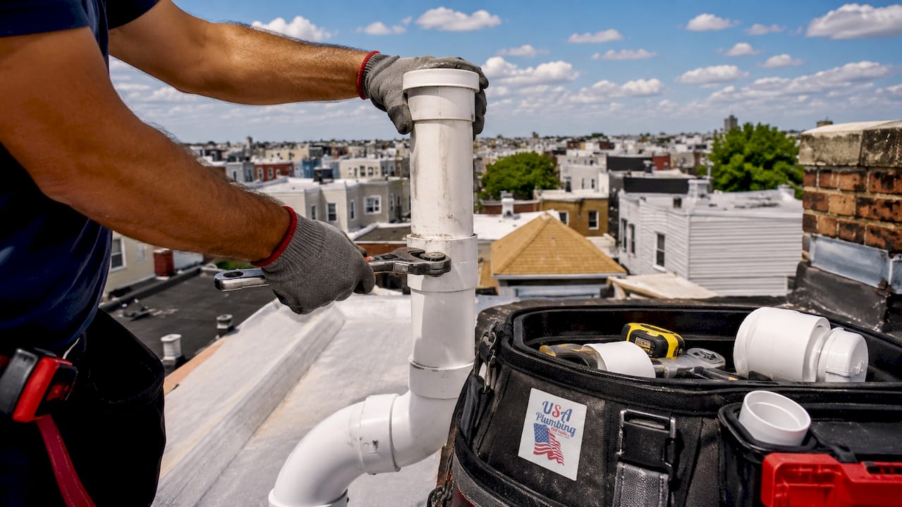 Plumber connecting commercial drain vent pipe outdoors