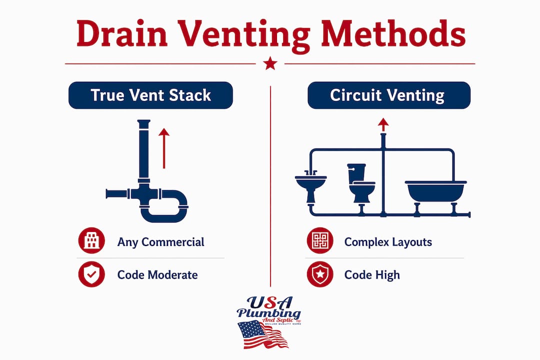 Infographic comparing commercial drain venting methods
