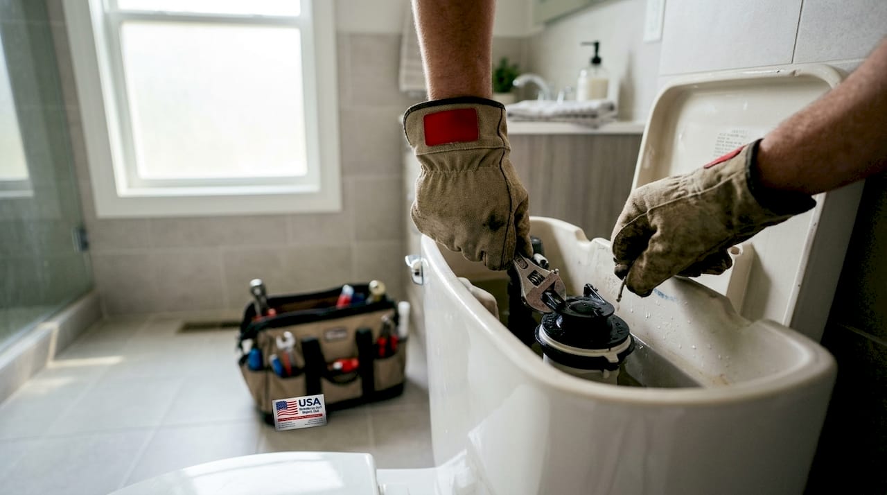 Plumber fixing running toilet flush valve