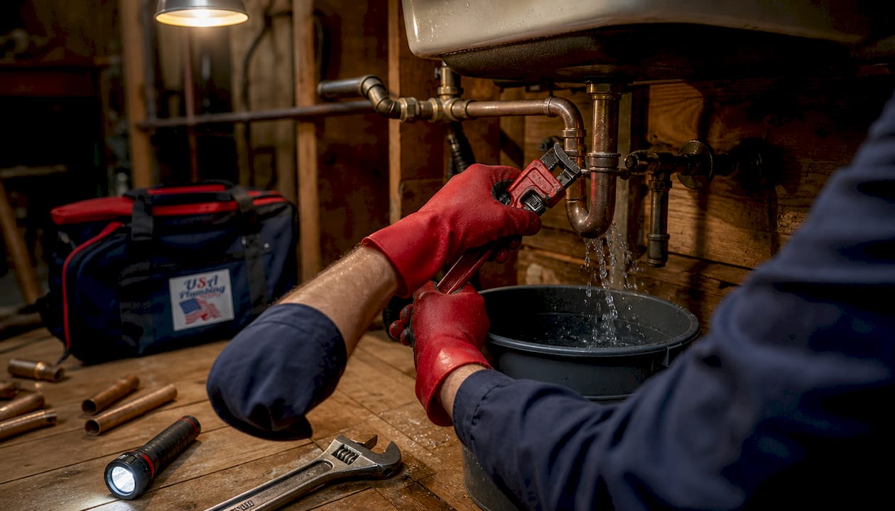 Hands repairing burst pipe in utility room