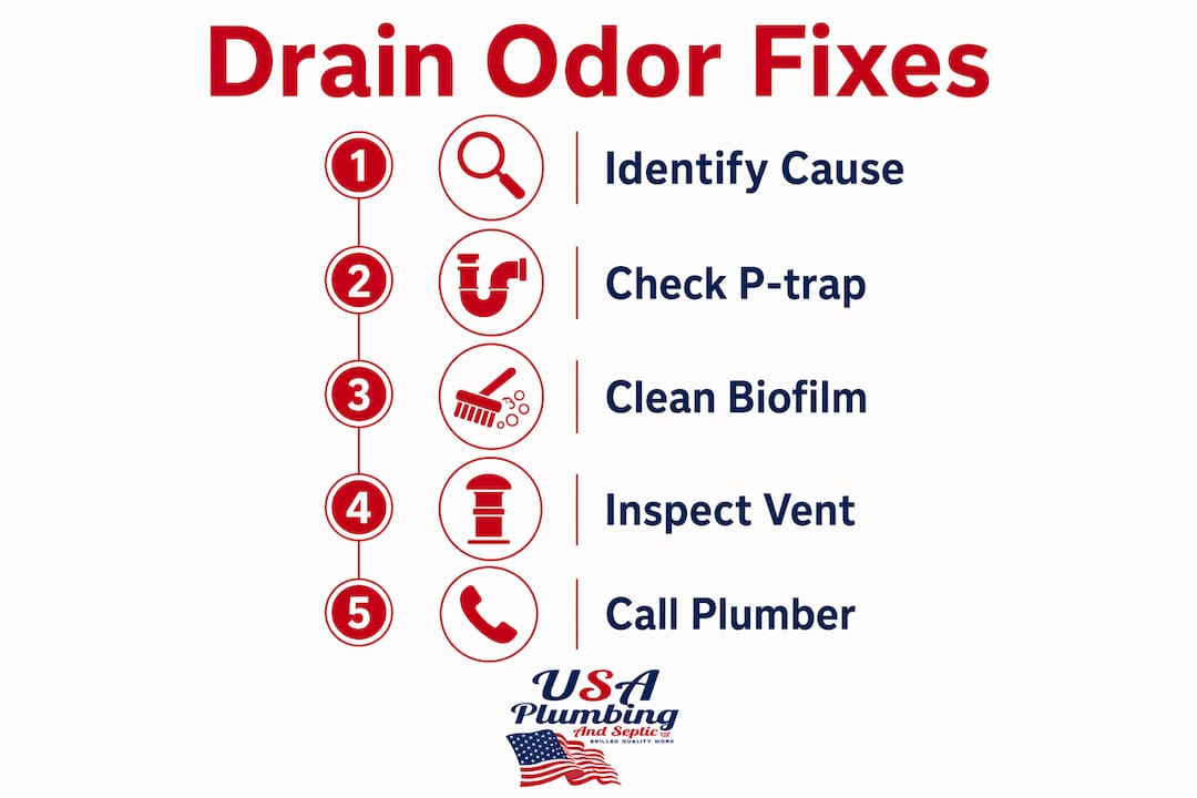 Infographic illustrating steps to fix drain odors