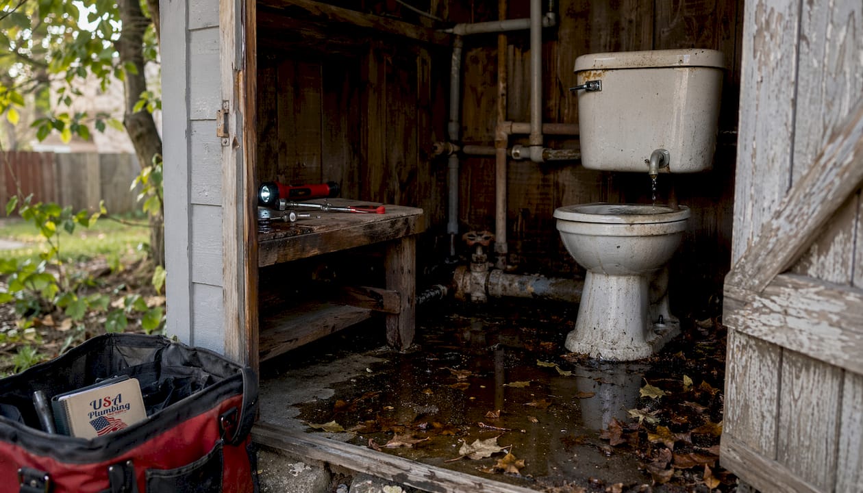 Leaking toilet tank and plumbing tools indoors