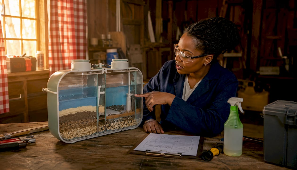 Technician demonstrating septic tank interior model