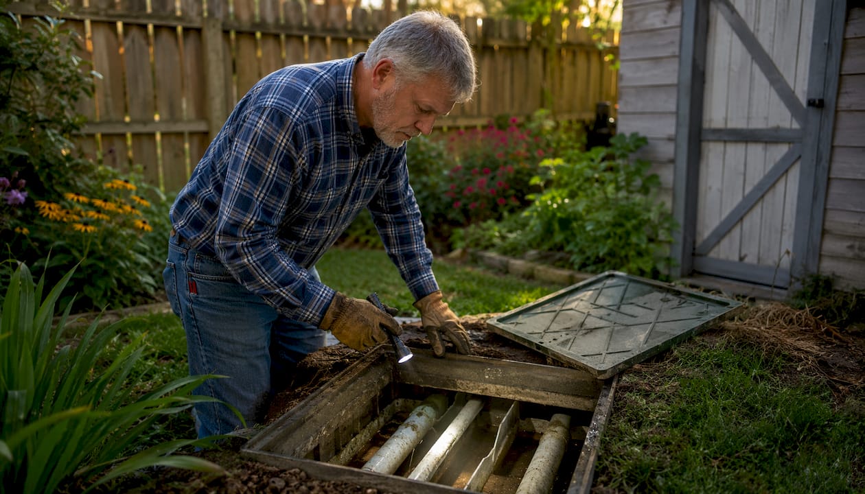 Technician inspecting septic system drainfield box