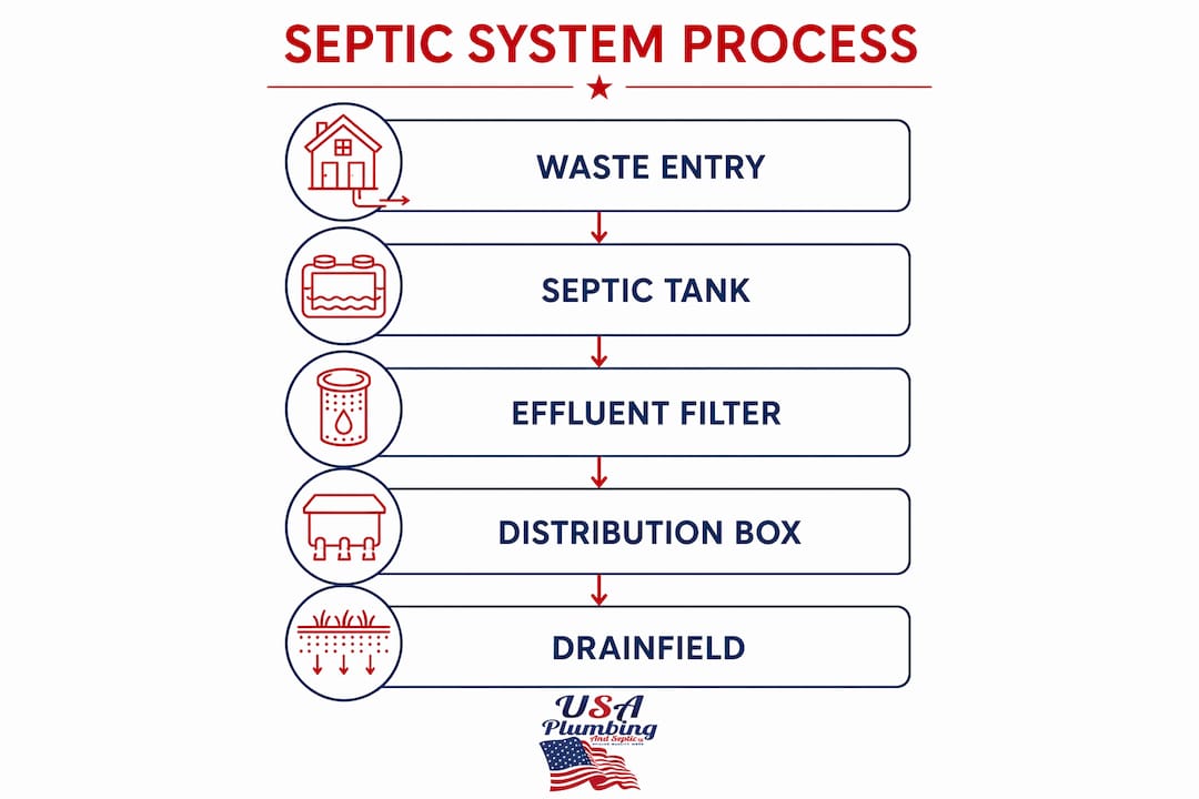 Infographic showing septic system process flow from waste entry to drainfield