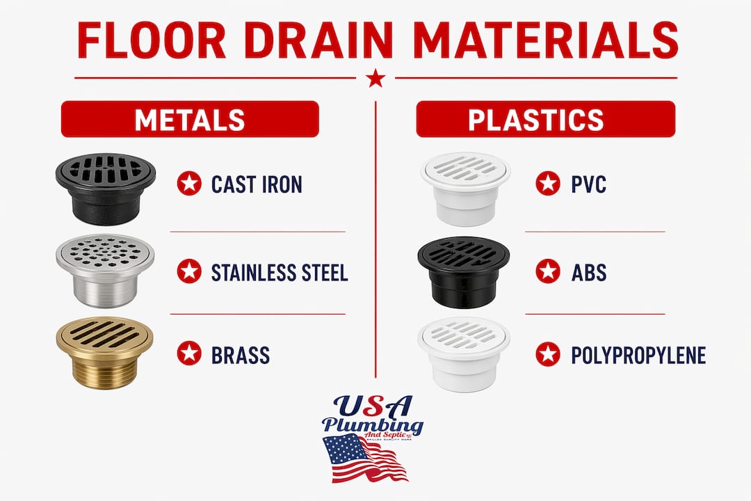 Infographic comparing floor drain materials