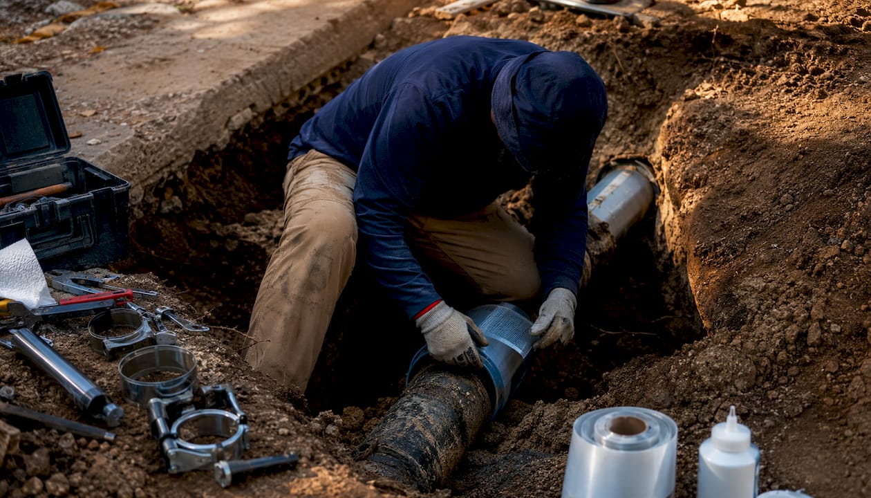 Close-up of hands using pipe replacement tools
