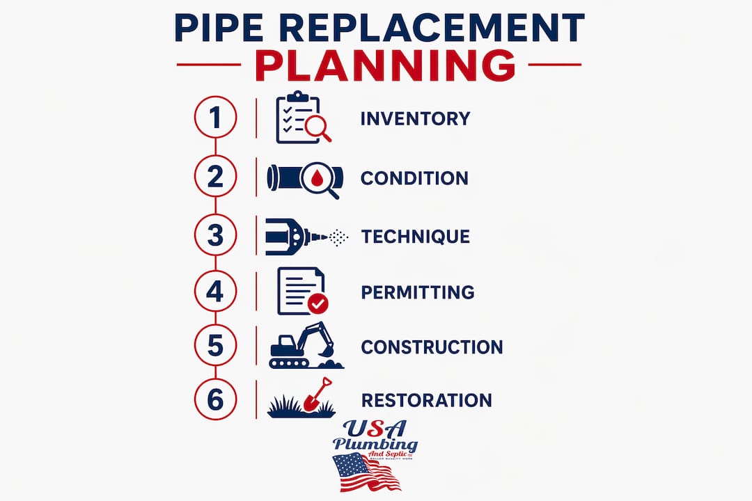 Infographic showing steps of pipe replacement planning