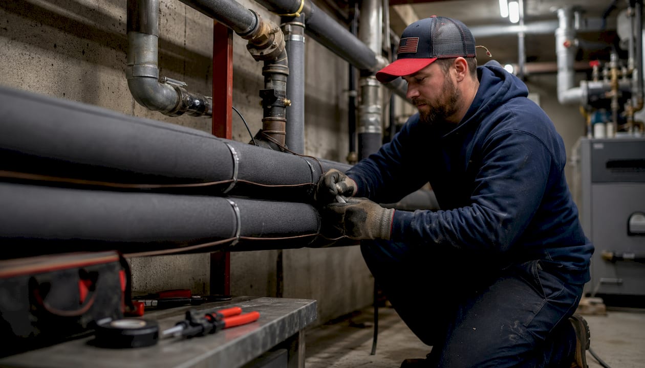 Hands installing pipe insulation and heat trace