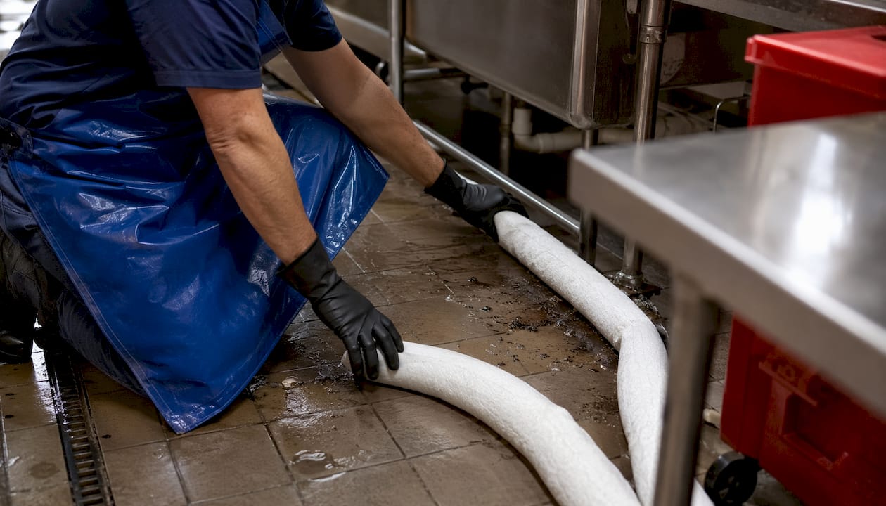 Gloved hands deploying absorbent barrier in commercial building