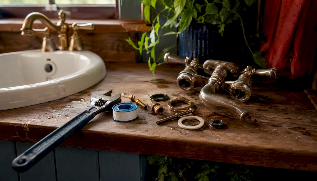 Faucet installation tools and parts on counter