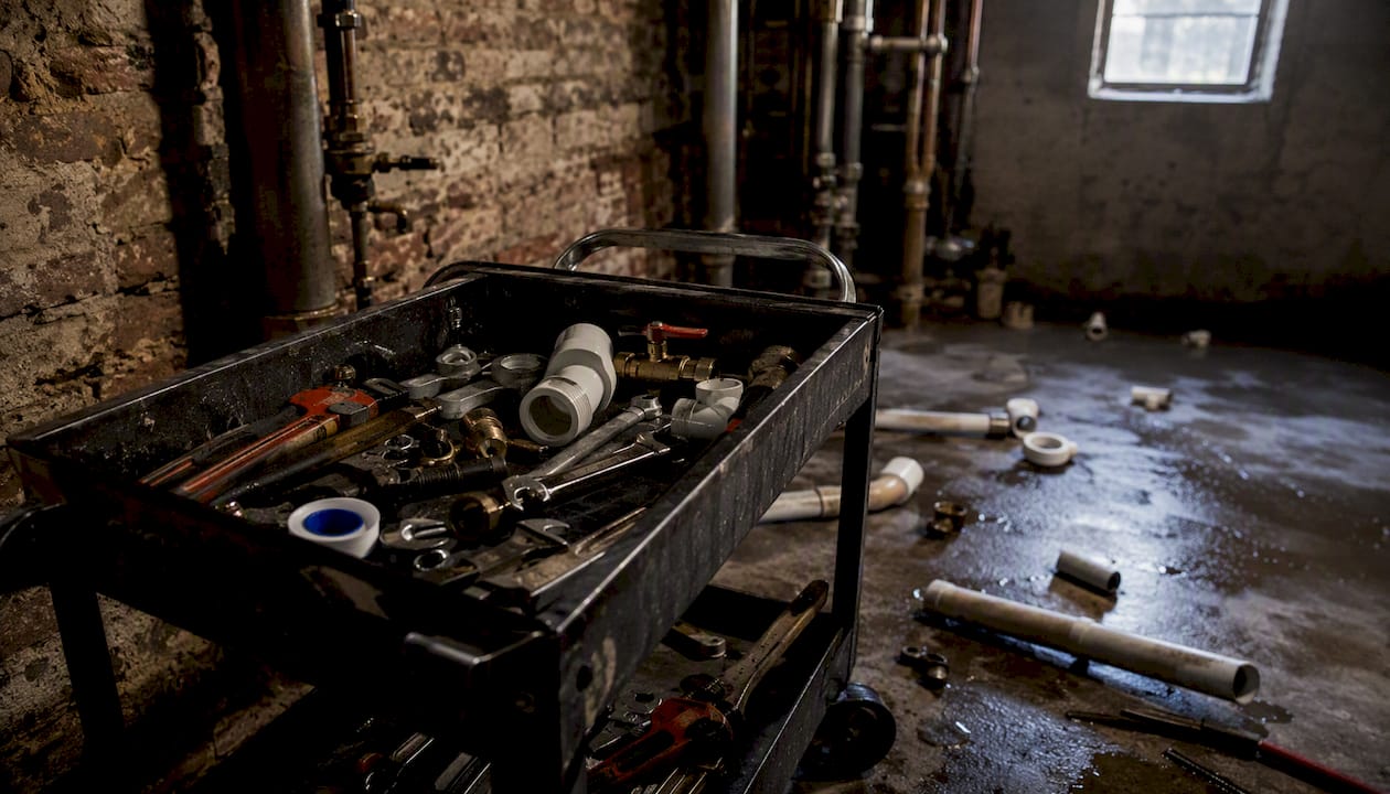Plumbing repair tools and parts on basement floor