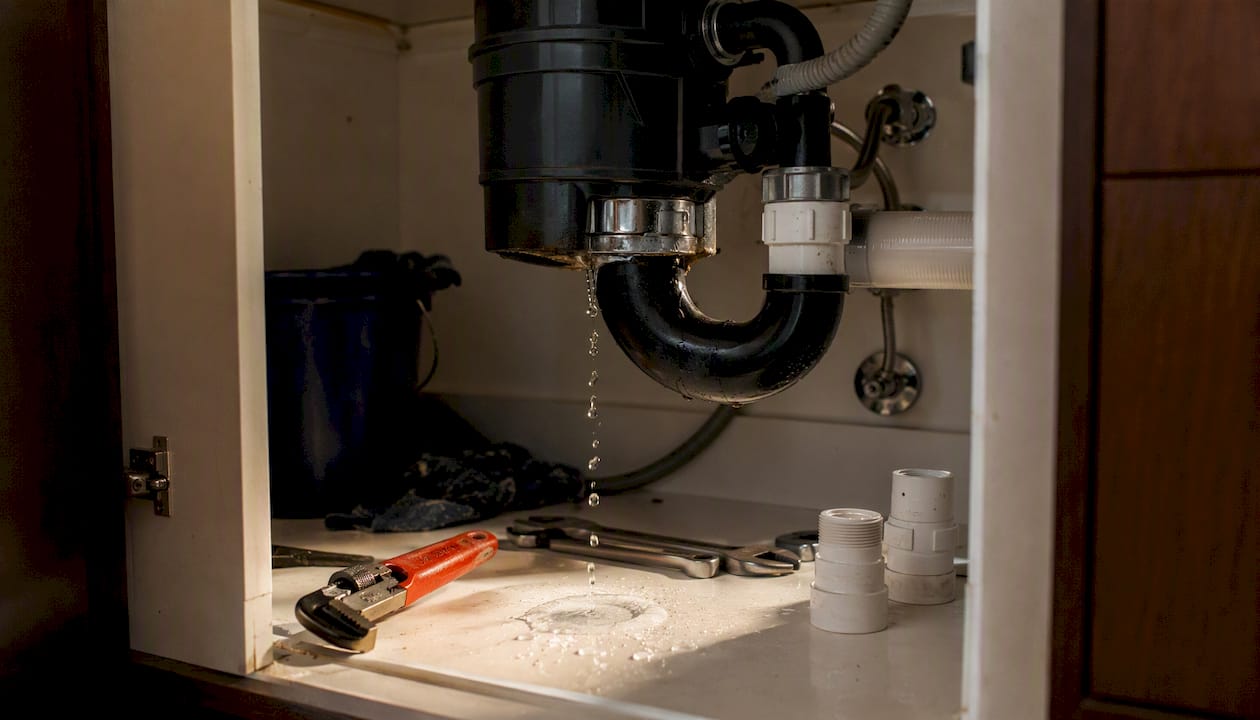 Leak dripping under sink from disposal joint