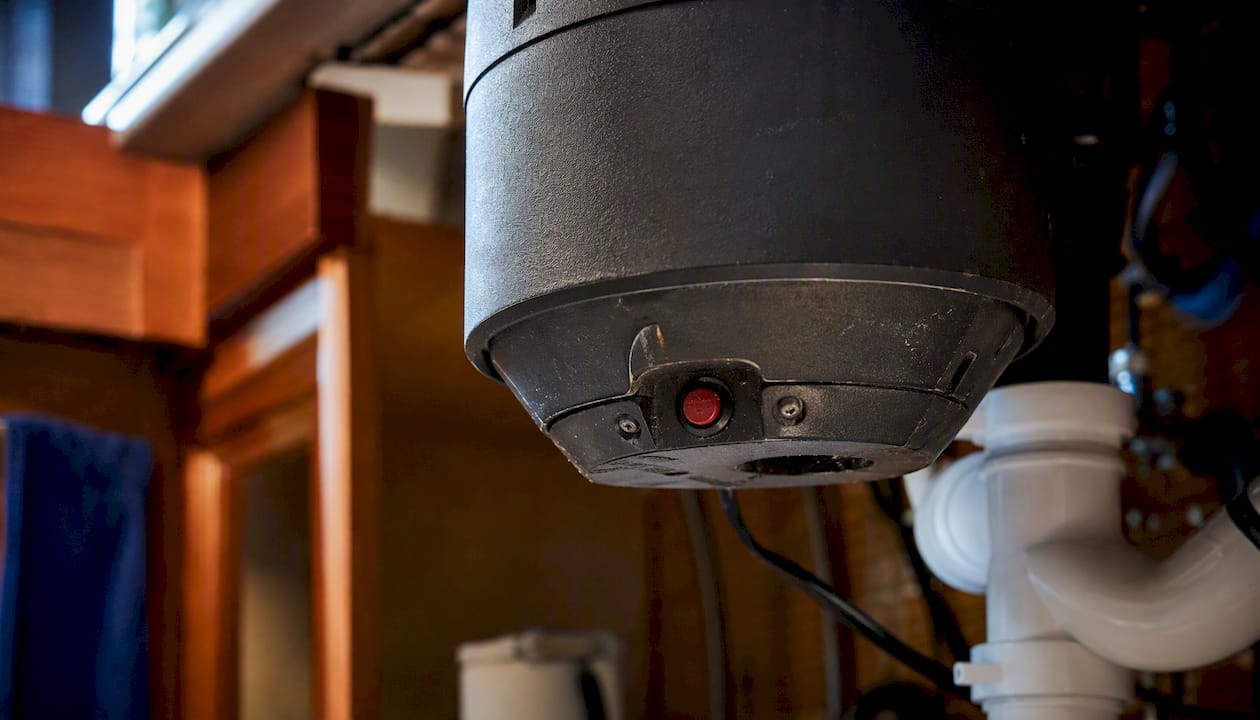 Close-up garbage disposal reset button
