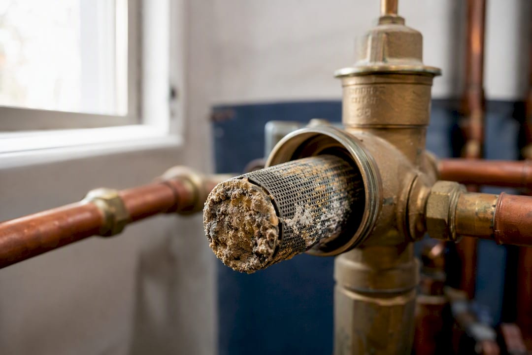 Sediment filter screen with mineral buildup