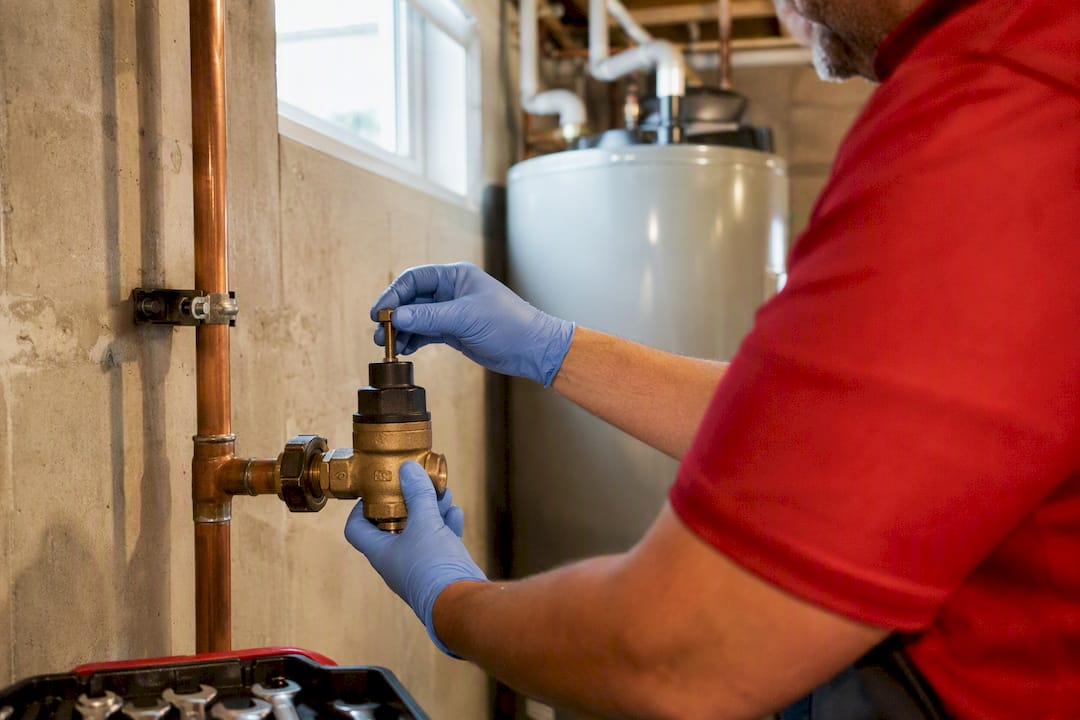 Hands adjusting a water pressure regulator valve